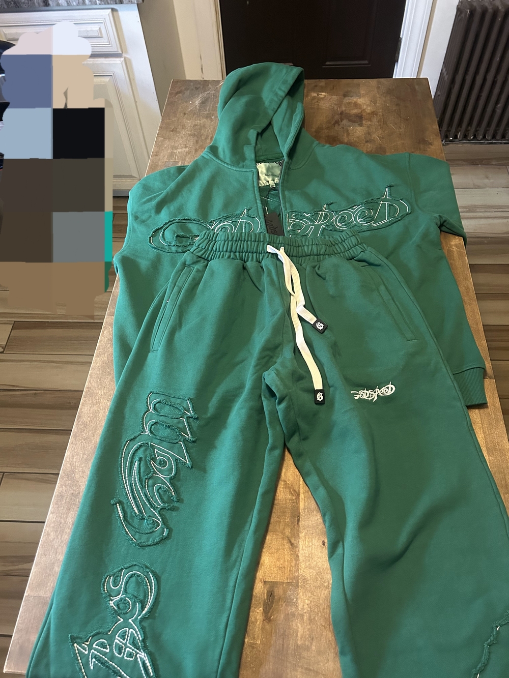 Godspeed Green small Fits Medium Sweat Suit fits  with contrast white stitching